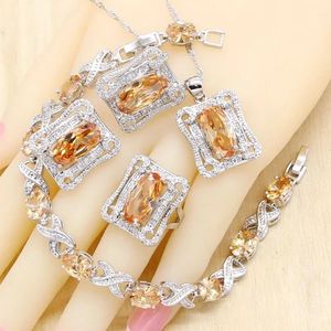 Colliers Champagner Zirkonia Silber Farbe Brautschmuck Sets für Frauen Armband Creolen Ohrringe Halskette Anhänger Ring Geschenkbox