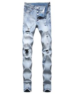 Men039s jeans Fashion zip pernas rasgado buraco de joelho claro azul skinny rasgado destruído calças finas finas 33585133382