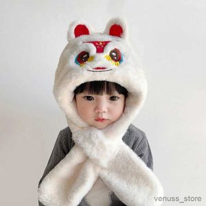 Schals wickeln Cartoon Kids Plush Hut Schal Winter warmes Ohrschutzmütze für Boy Girl Chinesische Stil Süßes Löwen Kinder windprob. Beanie Hüte
