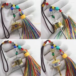 Keychains tibetanska buddhistiska skriftcylinderhjul Nyckelring sex karaktär ordspråk män kvinnor handgjorda vävda rep färgglada tofshänge