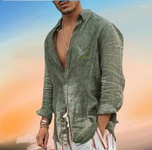 Men's Casual Shirts Autumn Solid Color Cotton Linen Loose Lapel Long Sleeved Cardigan Beach Shirt Style