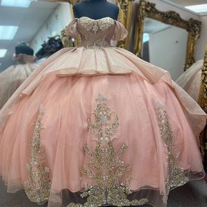 Rosa älskling bling paljett söt 16 quinceanera klänningar med applikationspetspärlor korsettklänning vestidos de 15 anos maskerad xv