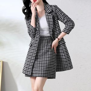 Two Piece Dress Fashion Woolen Long Blazers Casual Sets Women Autumn Winter Office Elegant Plaid Blazer And Mini Skirt 2 Peice