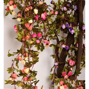 Dekoracyjne kwiaty wieńce 220 cm fałszywe jedwabne róże bluszcz winorośl sztuczne z zielonymi liśćmi do dekoracji ślubnej domu wisząca girland DH6H7