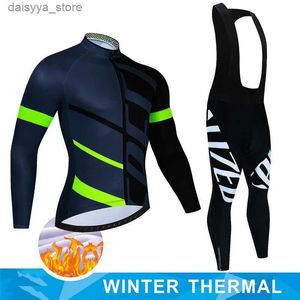 Cykeltröja set 2024 Winter Thermal Fleece Set Cycling Clothes Mens Jersey Sport Riding Bike Mtb Clothing Bib Pants Warm Set Ropa Ciclismo