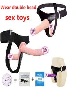 O pênis duplo do vibrador terminou o cinto de cinto de arnês Ultra Elastic Strapon em brinquedos sexuais adultos para mulheres casais lojas bdsm4464215