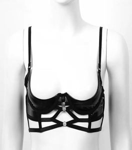 Women Wet Look Cupless Stanik Patent skóra seksowna bielizna regulowane paski Bondage Otwarte kubki z topami Fetysz Bras7584002