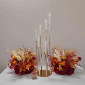 Metall Candlesticks Candelabra Candle Holders står med 6 huvuden Bröllopsbordets mittstycken Flower Vases Road Lead Party Decoration