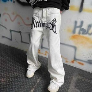 Mäns jeans cool design läder broderi vita baggy män byxor y2k mode streetwear rak löst hiphop denim byxor66awzj3h