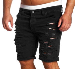 Mode rippade hål denim shorts män svart vit smal mager raka jeans shorts män vintage låg midja kort homme11583001
