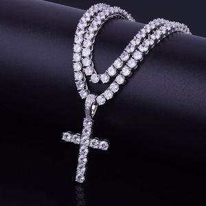 Iced Out Zircon Cross Pendant med 4mm tenniskedjans halsband Set herr Hip Hop smycken guld silver CZ hänge halsband2186