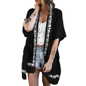 Casual Dresses European och American Chiffon Blue Summer Mönster Loose Beach Sunscreen Mid-Sleeve Open Women's Clothing