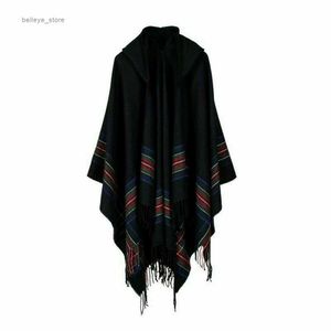 Szaliki Mens Wool Blend Stripe Hooded Shawl Manteau Boho Gypsy Hippie Cape Poncho Hoy Unisexl231223