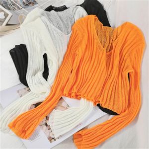 Tröjor 2020 Summer Women Vneck Sticked Casual Slim Short Sweaters Cardigans Lady Sticking Soft Thin Summer Outwear For Female ZY5041