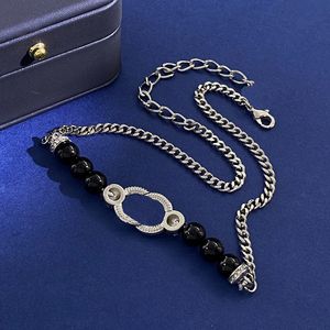 Designer Luxury Black Oil Drop Necklace French Brand Classic Double Letter Inlaid Rheinestone Black Beads Cuban Link Chain Women Charm Jewelry Sister Festival Gift