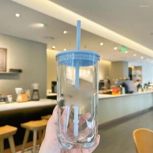 Vinglas 2024Simple Flower Transparent Triangular Glass Straw Water Cup With Lid Home Office Afternoon Te Milk Juice American Coffee