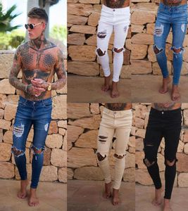 Männer039s Jeans Streetwear HipHop Model 039s Knie Hole Skinny White Stretch Jeanshose Hem Reißverschluss Biker Motorrad1830371