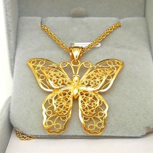 Collana a catena a ciondolo a farfalla cavo 18k in oro giallo pieno filigrana grande regalo di gioielli194w