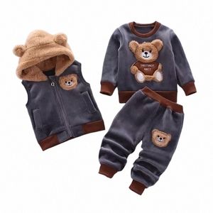 Roupas infantis Autumn Winter Wood Lã para meninos Roupas de meninos Conjunto de algodão Tops+colete+calça 3pcs Terno esportivo infantil para roupas de menino 201127 E9RC#