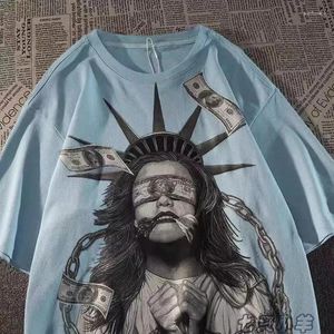 Camisetas masculinas Design Sense Niche de tamanho grande estátua de algodão puro de mangas curtas no verão feminino solto American vintage Top