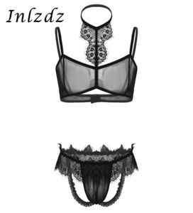 Herren Sissy Dessous Set Set durch bloße Maschenspitzen -Trimmhällerhals -BH -Top mit offenen Bujockstrap -Slips Sex Unterwäsche Bras Sets4648908