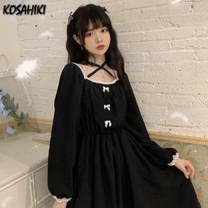 Pallover Kosahiki Haruku Summer Women Dresses Gothic Punk in stile vintage in pizzo collare a maniche lunghe a maniche lunghe abito Balck Midi abito