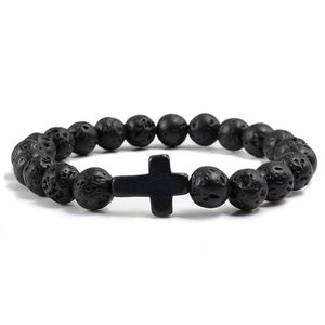 Trendy Jesus-Cross Charm Blue Turquoises Men Bracelet Black Lava Stone 8mm White Beads Bracelets Bangles for Women Jewelry278M