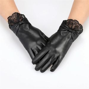 Luxury Women's Autumn Winter 100 Real Sheepskin Leather Gloves With Lace Mittens Dressing Glove Fleece fodrad 231222