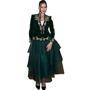 Abiti da ballo verdi alla caviglia 2 pezzi Applicazioni in pizzo dorato Abito da festa formale Organza a strati Robe De Soiree 326 326