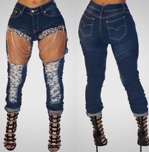 Highwaist Jeggings Chain Ripped Jeans For Women Kläder tvättade nagelborrspenna Kvinna Hög midja Denim Kvinnor Plus Size Designer8110504