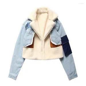 Women's Trench Coats Fashionable Plush Denim Patchwork Coat Winter Wear Style Lamb Wool Inner Liner Thickened Short Motorcycle Jacket Cotton