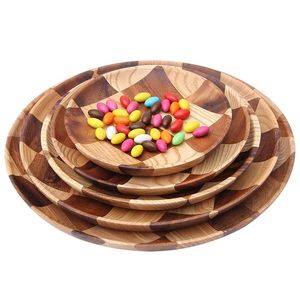 20pcs/lot Round Solidwood Plate全体のアカシア木製料理木製ソーサーティートレイデザートディナー朝食プレートの食器