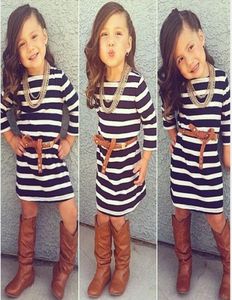Girl Dress осень 2016 с длинным рукавом черные белые полосы девушки для девушек хлопковое платье подростковое платье vestidos infantis щеткости 4960529