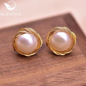 Stud XlentAg Minimalist Natural Freshwater Pearls Stud Earrings For Women Handmade Wedding Gifts Bohemian Vintage Fine Jewerly GE0938