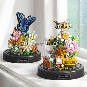 Block Butterfly Bee Eternal Flower Series Montering Micro Drill Particle Building Block med Dust Cover Desktop Decoration Model Toyl231223