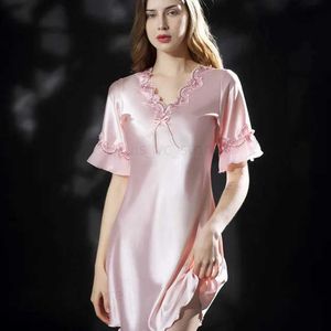 Kvinnors sömnkläder Kvinnors Silk Sleepwear Stor storlek Sexig spets tunt silkeslen Satin Nightgown Summer Women Lingerie Plus Size Nightrowns for Sleeping T231223