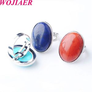 Wojiaer Fashion Natural Stone Howlite Ring Geometrie Oval Blue Turquoise Einstellbare Ringe für Frauen Schmuck BZ910323o