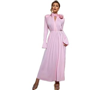Rosa långa flare ärmar prom klänningar a-line handgjorda blomma kvinnor maxi klänning sida delad ankel längd festklänning 326 326