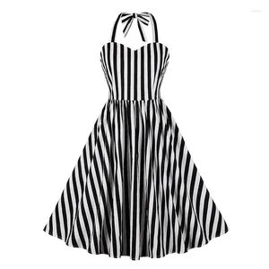 Vestidos casuais 2024 verão sexy halter backless mulheres listradas festas impressas vintage retro 50s 60s skating vestido de swing