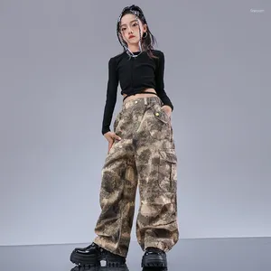 Stage Wear 2023 Jazz Modern Dance Costumes For Kids Black Crop Tops Camouflage Pants Passar Girls Hip Hop Performance DQS15065