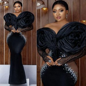 2024 Plus Size Aso Ebi Prom klänningar svart sjöjungfru Lace Long ärmar Kväll Formell klänning för speciella tillfällen födelsedagsfestklänningar andra mottagningsklänningen NL112