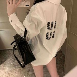 2024summer New miui Shirt Designer Blouse Fashion All-match Ice Silk Cotton Shirts Rhinestone Letters Long Sleeved Shirt Womens Casual Shirts Coat 948