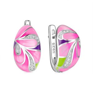 Stud Design Ladies Flower Leaves 925 Silver Earrings Female Jewelry Pink Elegant Enamel Clear CZ Earring For Wedding Banquet219B