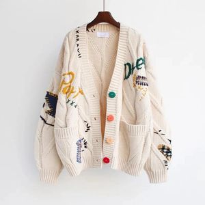 Cardigans Autumn Winter Warm Singlebreasted Cardigan Warm Knitted Sweater Jacket Fashion Big Pocket Letter Embroidery Loose Sweaters Tops