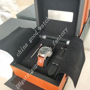 Luxury Factory New Watch 44mm svart ansikte brunt läderband super p 111 mekanisk handvindande rörelse mode mens klockor transparent bakre origina låda