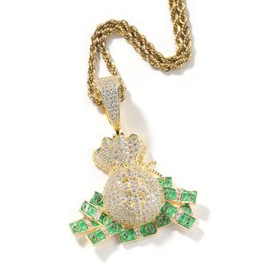 Hiphop dollar handväska hänge halsband full 5a zirkon coola män 18k real guld pläterade rap smycken