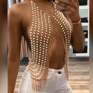 Mode Boho Imitation Pearls Full Body Chain Bar Statement Tassel Pendant Charm Dress Sexy Nightclub Party Jewelry T200508224Z