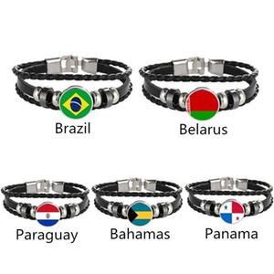 Charm Bilezikler Brezilya Belarus Paraguay Bahamas Panama Bayrağı Çok Katlı Deri Bileklik Moda Erkek ve Kadın Mücevherleri334L