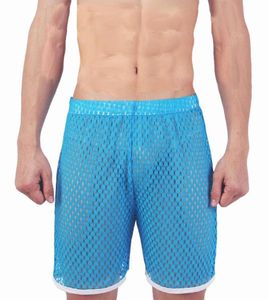 Mesh Men Shorts Sexy Beach Board See Through Fishnet Gay Man Stage Loose Hollow Out Blue Red Black White Men039S3364296