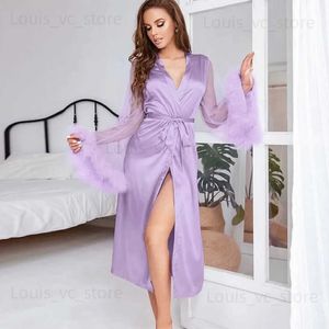 Kvinnors sömnkläder 2023 Ny kvinnors sömnrockar spets ärm Satin Mesh Sleeping Dress Feather Bathrobe Kimono Style Bride Present LoungeWear Night Gown T231223